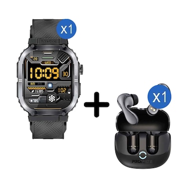 Promate SportFit Tough-Built Smartwatch With Bluetooth Calling + Hybrid Earbuds Anc Tws
