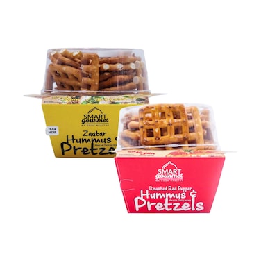Smart Gourmet Zaatar Hummus &amp; Pretzels 140g &amp; Roasted Red Pepper Hummus &amp; Pretzels 140g