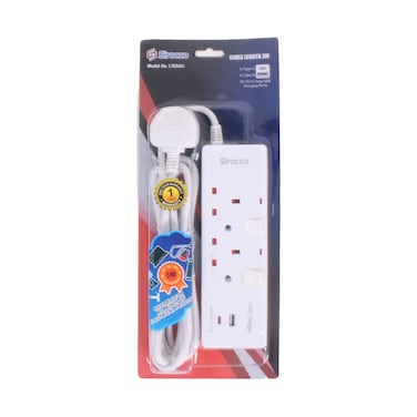 وصلة كهرباء سيروكو ثنائية مع منفذ USB ومنفذ Type-C بطول 3 أمتار