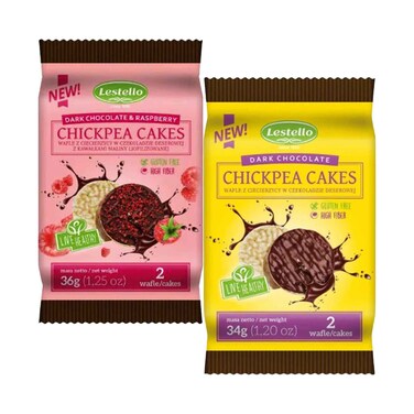 Lestello Dark Chocolate &amp; Raspberry Chickpea Cakes 36g &amp; Dark Chocolate Chickpea Cakes 34g