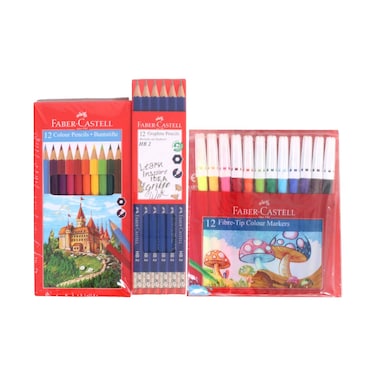 Faber Castell 1 Pack Graphite Pencil + 1 Pack Colour Pencil + 1 Pack Fibre Tip Colour Markers Set