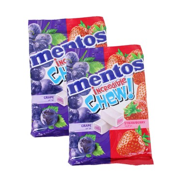 Mentos Incredible Chew Strawberry &amp; Grape Flavoured Chewy Candy 2x140g