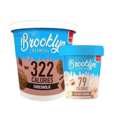 The Brooklyn Creamery Ice Cream Cup, Chocoholic 322 Calories 450ml &amp;  Sea Salt Caramel 79 Calories 125ml
