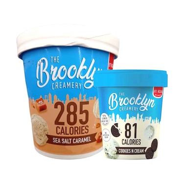 The Brooklyn Creamery Ice Cream Cup, Sea Salt Caramel 285 Calories 450ml &amp; Cookies N Cream 81 Calories 125ml