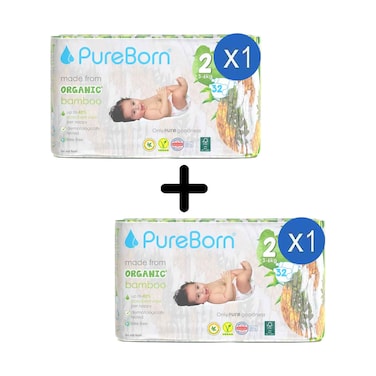 Pure Born Organic Bamboo Diaper No.2 For 3-6kg 32's + 1 Piece