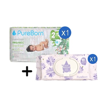 Pure Born Organic Bamboo Diaper No.2 For 3-6kg 32's + Pure Moisture Wipes With Organic Calendula Lotion 60's