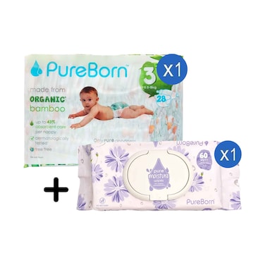 Pure Born Organic Bamboo Diaper No.3 For 5.5-8kg 28's + Pure Moisture Wipes With Organic Calendula Lotion 60's