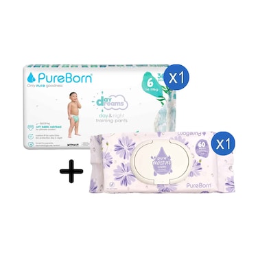 Pure Born Baby Day Dreams Training Pants, No.6 For 14-19kg 36's + Pure Moisture Wipes With Organic Calendula Lotion 60's