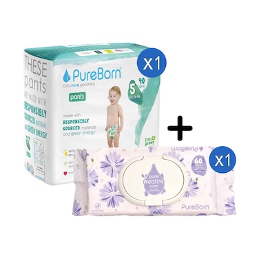Pure Born Baby Pants  No.5 For 12-16kg 40's + Pure Moisture Wipes With Organic Calendula Lotion 60's