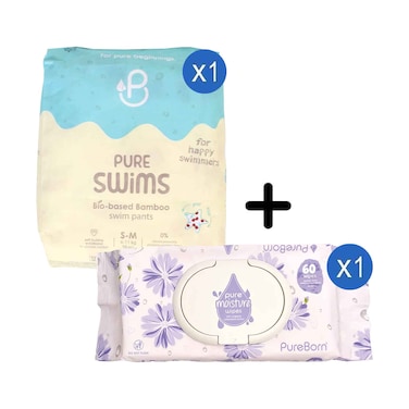 Pure Swims Bio-Based Bamboo Swim Pants S-M For 6-11kg 10's + Pure Moisture Wipes With Organic Calendula Lotion 60's