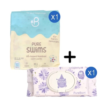Pure Swims Bio-Based Bamboo Baby Swim Pants M-L For 9-14kg 10's + Pure Moisture Wipes With Organic Calendula Lotion 60's