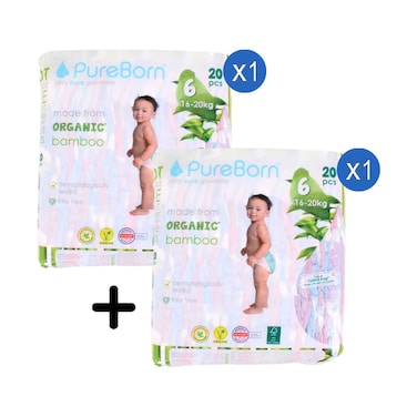 Pure Born Organic Bamboo Baby Diapers No.6 For 16-20kg 20's + 1 Piece