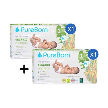 Pure Born Organic Bamboo Diapers No.1 New Born Up To 5kg 34's + 1 Piece