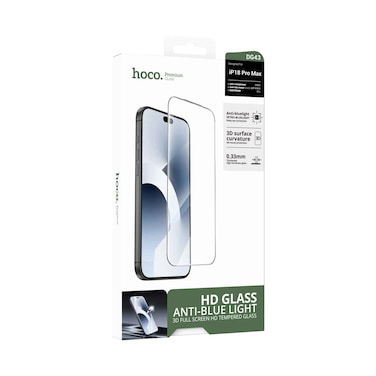 زجاج مقوى Hoco DG43 مضاد للضوء الأزرق بتغطية كاملة ثلاثية الأبعاد HD لهاتف IP18 Pro Max