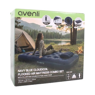 Avenli Navy Blue Cloudcoil Flocked Air Mattress With Pillow And Double Action Hand Pump 191cmx99cmx22cm