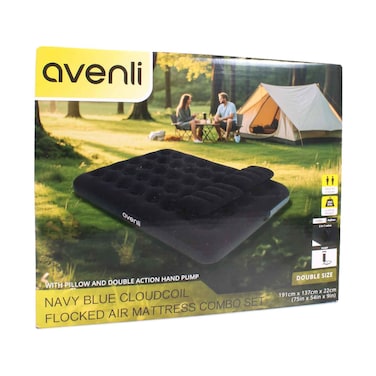 Avenli Navy Blue Cloudcoil Flocked Air Mattress With Pillow And Double Action Hand Pump 191cmx137cmx22cm