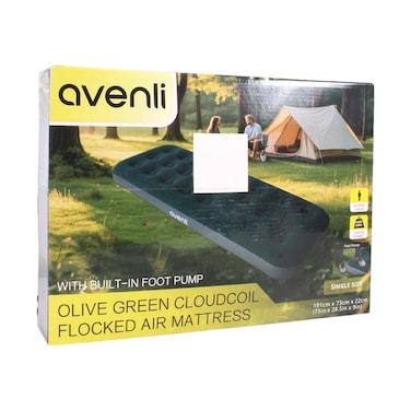 Avenli Olive Green Cloudcoil Flocked Air Mattress With Built In Foot Pump 191cmx73cmx22cm