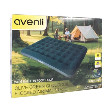 Avenli Olive Green Cloudcoil Flocked Air Mattress With Built In Foot Pump 191cmx137cmx22cm