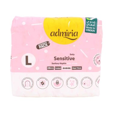 Admiria Sensitive Daily Sanitary Pads with Wings Large Maxi Thick Folded 28 Pieces