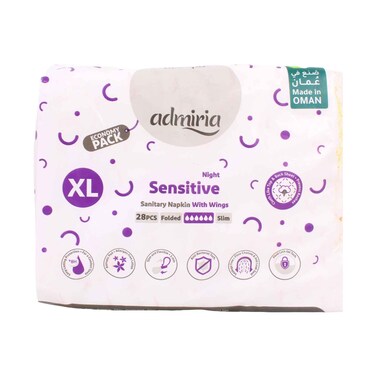 Admiria Sensitive XL Night Sanitary Pads with Wings Slim Folded 28 Pieces