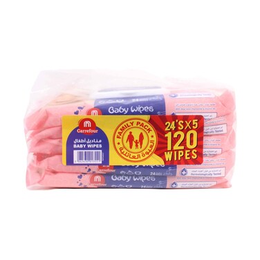 Maf Carrefour Baby Wipes Family Pack with Aloe Vera, Chamomile &amp; Vitamin E 24'sx5 Packs