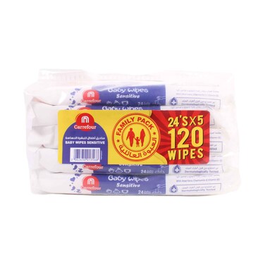 Maf Carrefour Sensitive Baby Wipes Family Pack with Aloe Vera, Chamomile &amp; Vitamin E 24'sx5 Packs