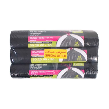 Maf Carrefour Drawstring Garbage Bags Small - 30 Gallons, 60 x 90 cm, 20 Bagsx3 Pieces