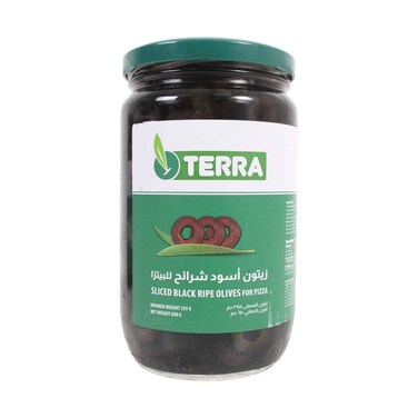 Terra Sliced Ripe Black Olives For Pizza 650g