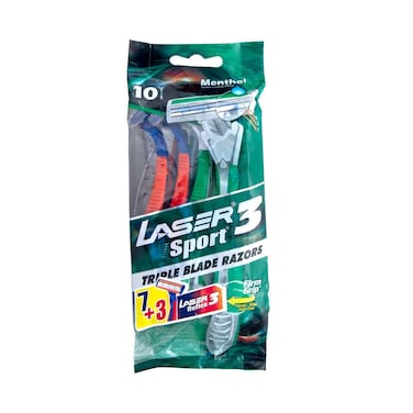 ماكينة حلاقة ليزر سبورت 3 ثلاثية الشفرات للاستخدام مرة واحدة، 7 قطع + 3 قطع