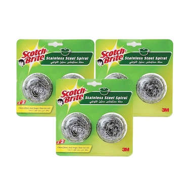 3M Scotch Sponge Stainless Steel Spiral 2 Pieces x Pack of 2 + 1 Free