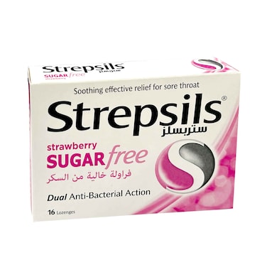 Strepsils Strawberry Sugar Free, Soothing Effective Relief for Sore Throats, 16 Lozenges