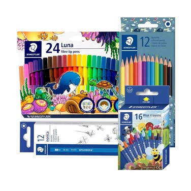 Staedtler Luna Coloured Pencils 24 Pieces, Fibre Tip Pens 12 Pieces, Wax Crayons 24 Pieces