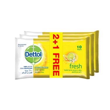 Dettol Fresh Antibacterial Skin Wipes 10 Wipesx3 pieces