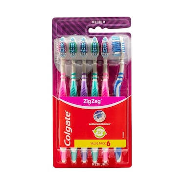 Colgate Zigzag Medium Toothbrush With Tongue Cleaner 6 Pieces