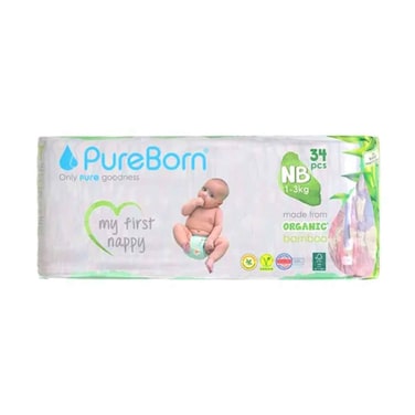 Pure Born Organic Bamboo Baby New Born 1-3kg 34 Diapers