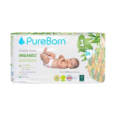 Pure Born Organic Bamboo Diapers No.1 New Born Up To 5kg 34's