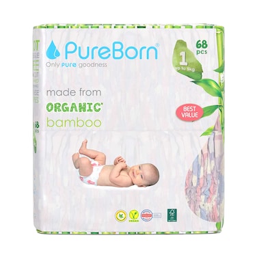 Pure Born Organic Bamboo Baby Diapers 68's