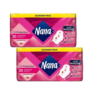نانا الحماية الفائقة، تدفق عادي، فائق النحافة وطويل، حماية كاملة 20 فوطة، عبوة من 2