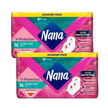 نانا الحماية الفائقة، تدفق غزير، فائق النحافة وطويل، حماية كاملة 16 فوطة، عبوة من 2