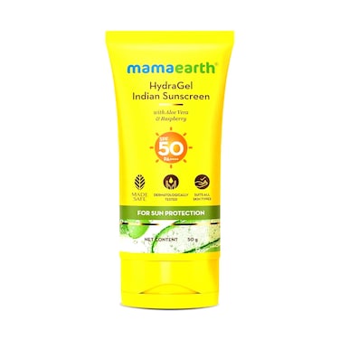 Mamaearth HydraGel Indian Sunscreen SPF 50 With Aloe Vera &amp; Raspberry For Sun Protection 50gr