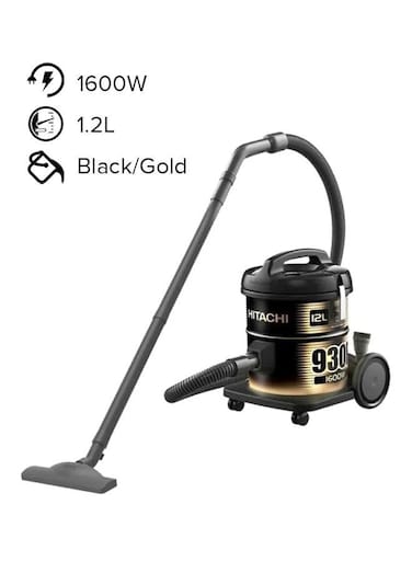 هيتاشي مكنسة كهربائية أسطوانية سعة 12 لتر وقوة 1600 واط CV-930F أسود/ذهبي