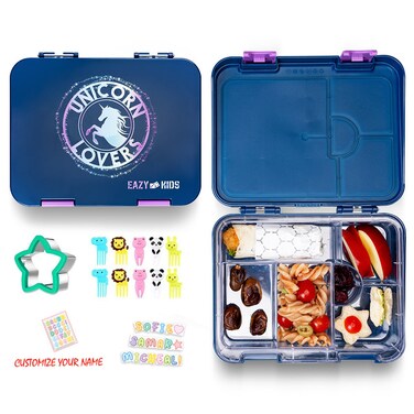 Eazy Kids 6 &amp; 4 Convertible Bento Lunch Box wt Sandwich Cutter Set - Unicorn Lover Blue