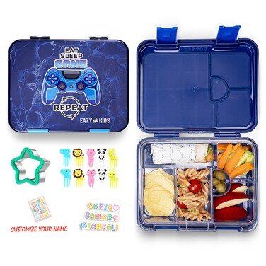 Eazy Kids 5 &amp; 4 Convertible Bento Lunch Box wt Sandwich Cutter Set - Eat Sleep Game