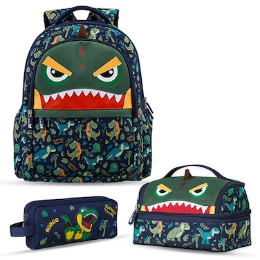 Nohoo Kids 16 Inch School Bag with Lunch Bag and Pencil Case (Set of 3) Dino - Green