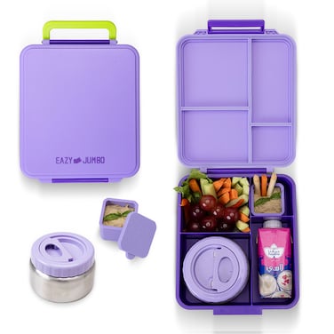 Eazy Kids Jumbo Bento Lunch Box w/ Thermos &amp; Sauce Jar- Purple