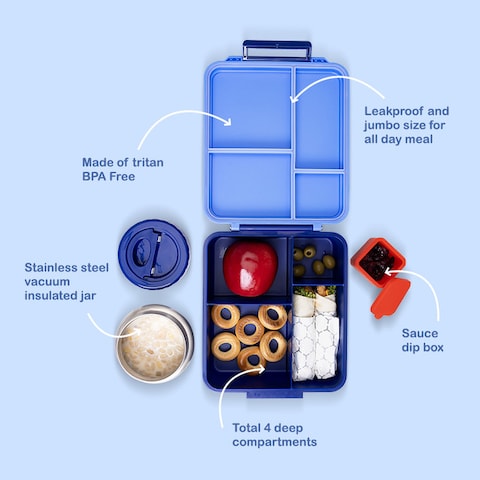 Eazy Kids Jumbo Bento Lunch Box w/ Thermos &amp; Sauce Jar- Blue
