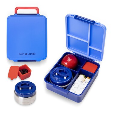 Eazy Kids Jumbo Bento Lunch Box w/ Thermos &amp; Sauce Jar- Blue