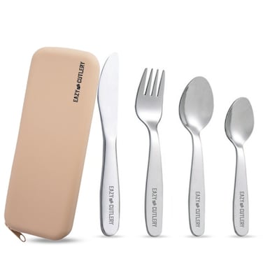 Eazy Kids Set of 4 Cutlery (Spoon, Fork, Knife &amp; Tea Spoon) w/ Silicon Pouch &ndash; Ivory