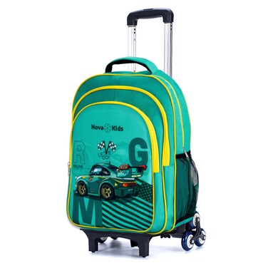 Nova Kids 16 Inch School Bag Set of 5 w/ Kids Trolly - Car Racing - Green