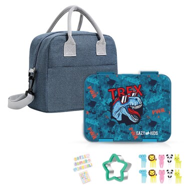 Eazy Kids 6 &amp; 4 Convertible Bento Lunch Box with Lunch Bag and Sandwich Cutter Set - TREX Blue